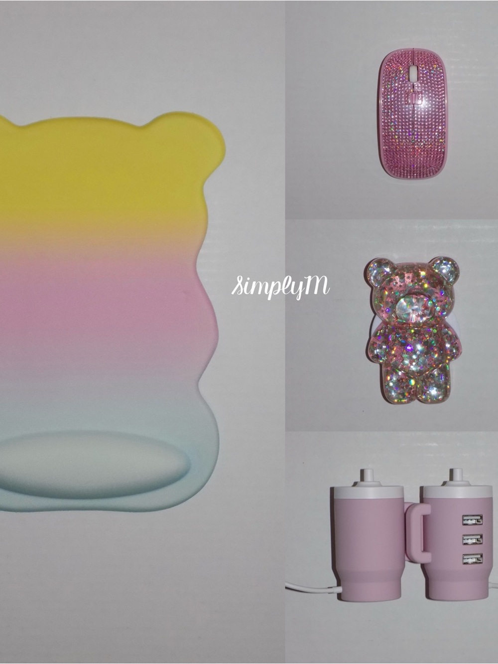 Candy Bear Mousepad & Wireless Rhinestone Mouse & 3-Port USB Hub Tech Bundle